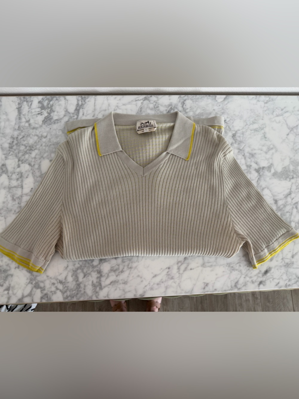 Vintage Hermes Beige Ribbed Short-Sleeve Polo with Yellow Trim